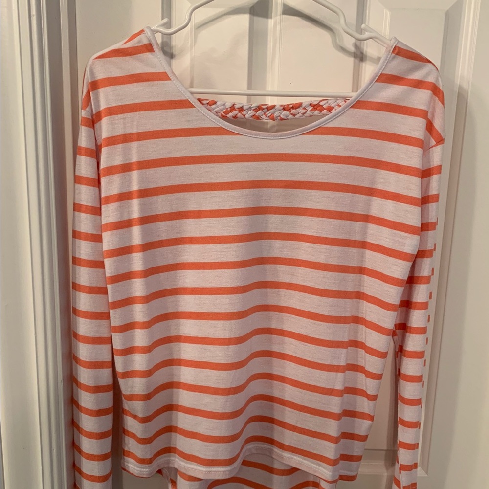 Coral and white top.